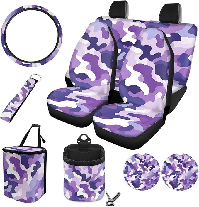 10 Pcs Car Seat Covers Full Set Interior Sets, Giraffe Flower Printed High Back Car Front Rear Seat Cover with Steering Wheel Cover Keychain Coaster Trash Can Air Vent Storage Bag
