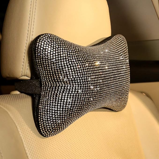 2 Pack Car Neck Pillow for Driving Seat Auto Headrest Cushion Head Rest Neck Support Relax Crystal Rhinestone Diamond Interior Bling Accessories for Women Girly Comfortable White