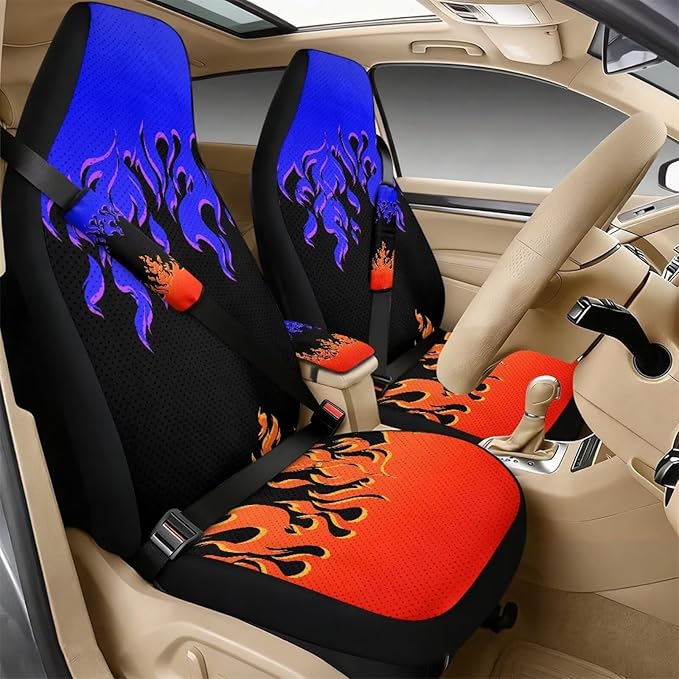 Oramclsy Flame Car Front Seat Covers Set with Armrest Pad All Season PU Breathable Seat Belt Pad Universal Fit Most Truck SUVs