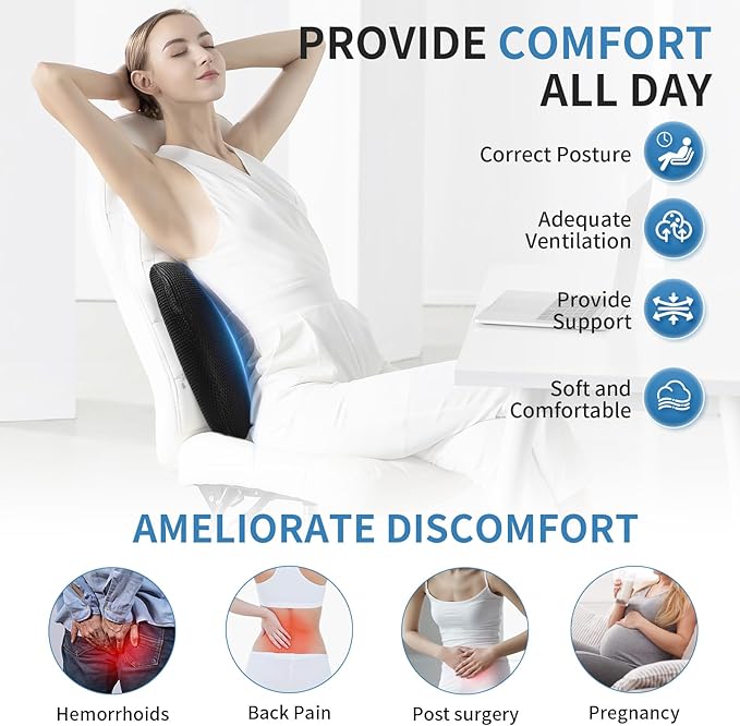 Dijialun Lumbar Support Pillow for Car, Memory Foam Back Support Lumbar Pillow for Car, Gaming, Office Chair, Ergonomic for Lower Back Pain Relief, Softness Breathable Removable Mesh Cover, Black