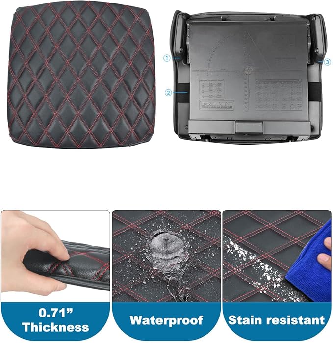 Center Console Cover for Dodge Ram 1500 2019-2026, Bucket Seat, Vinyl Leather Interior Accessories, Car Armrest Cushion Pad, Anti-Scratch, Black-Red Stitch