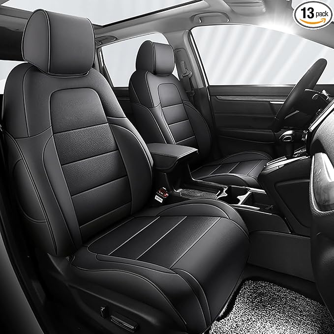 HKZ Fit CRV Car Seat Covers Full Set for Honda CR-V 2017 2018 2019 2020 2021 2022 Touring,EX,Sport,SE&EX-L - Leather (Black)