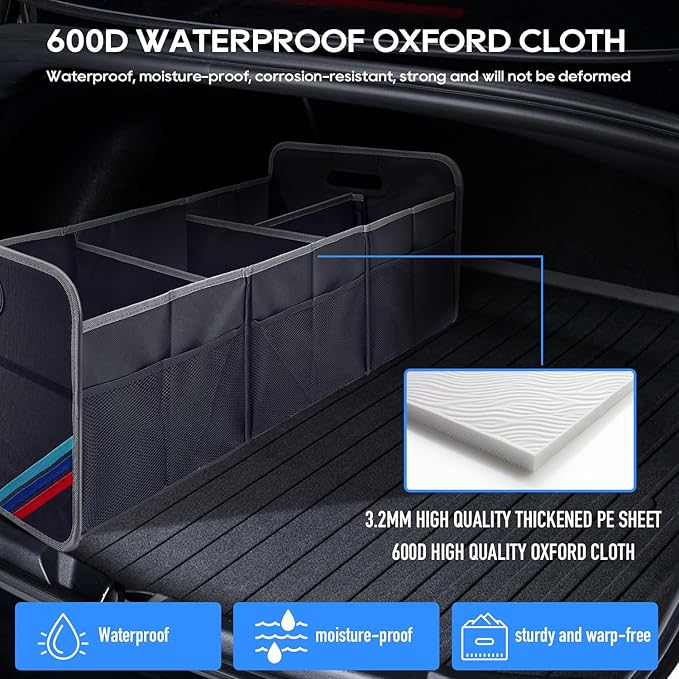 Junsungo XL Car Trunk Organizer, 4 Compartments, 94L Capacity, Oxford Polyester 600D Material, Easy Fold and Store, Prevents Sliding