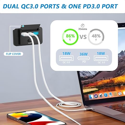 72W 12V USB Outlet, VANONE 12 Volt USB Charging Port, 36W PD USB C and Dual 18W QC3.0 USB Ports Charger Socket Wall Mount, Accessories for Car Boat Marine Motorcycle Campers RV Truck Golf Cart, etc