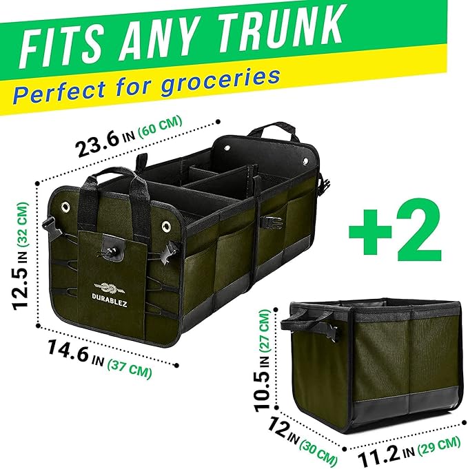 DURABLEZ 4-Section Extra Large Trunk Organizer – Heavy Duty 1680D, Collapsible & Foldable Cargo Organizer, Modular Multi-Shape Storage System for SUVs, Trucks, Vans – Green