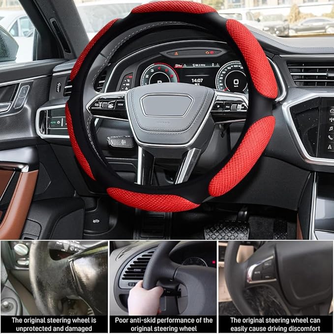 Car Steering Wheel Cover, Breathable Sporty Auto Wheels Wrap, 15 Inch Suede Steering Wheel Protector with Comfortable Grip, Steering Wheel Cover Hand Pad Cushion Slip-on for Cars (Red)