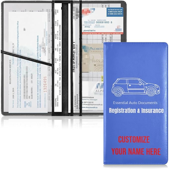 Caihoyu Custom Car Registration and Insurance Card Holder Personalized Leather Glove Box Organize Men Women Wallet Accessories Case for Cards, Essential Document Driver License Royal Blue