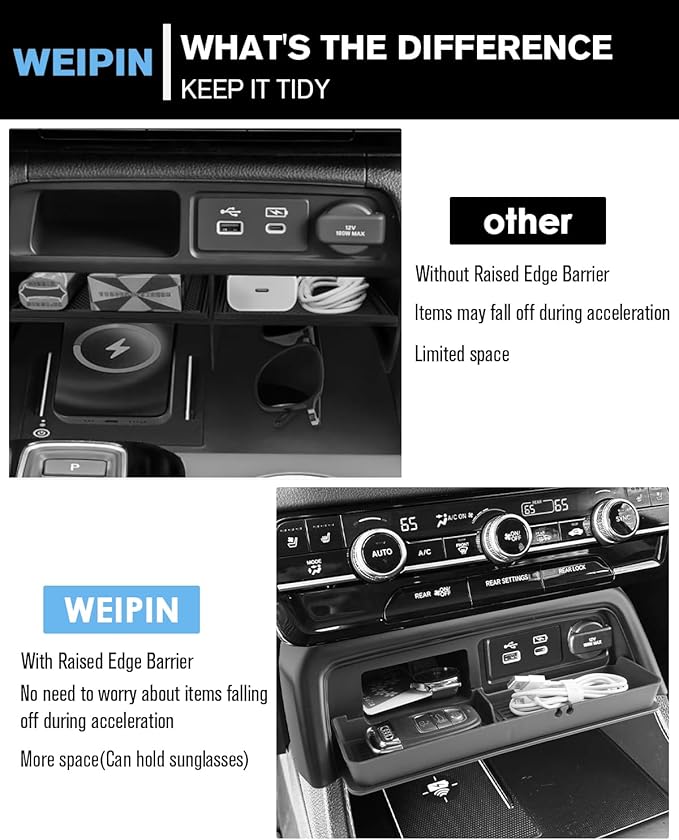 WEIPIN for 2023-2026 Honda Pilot/2026 Honda Passport Center Console Organizer Tray TPE Materials - Increase Storage Space & High Side Blocking OEM Design