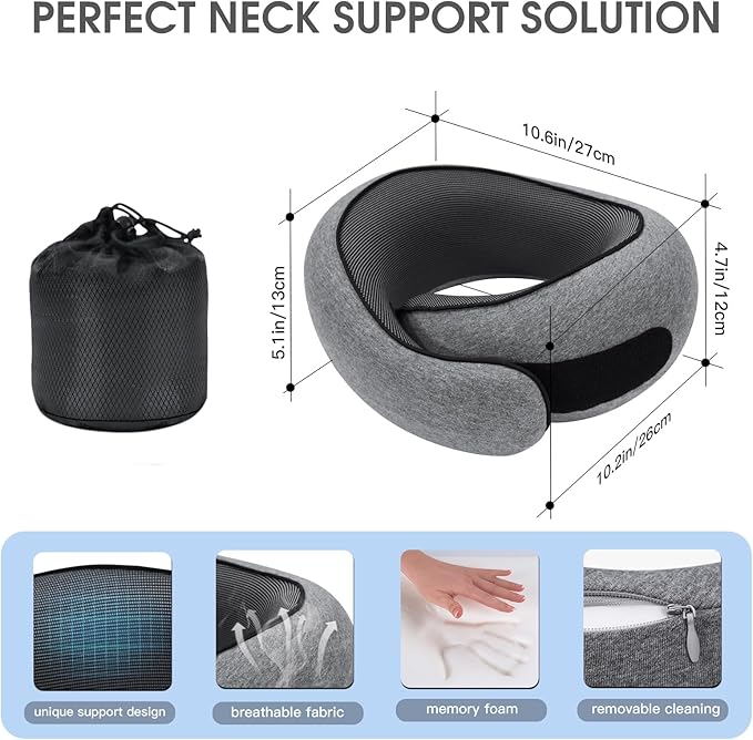 Dujuanus Neck Travel Pillows for Airplanes Memory Foam Neck Comfort Pillow Compact Ergonomic Design Sleeping Essentials for Long Flights Car Rides and Home Use (Grey)