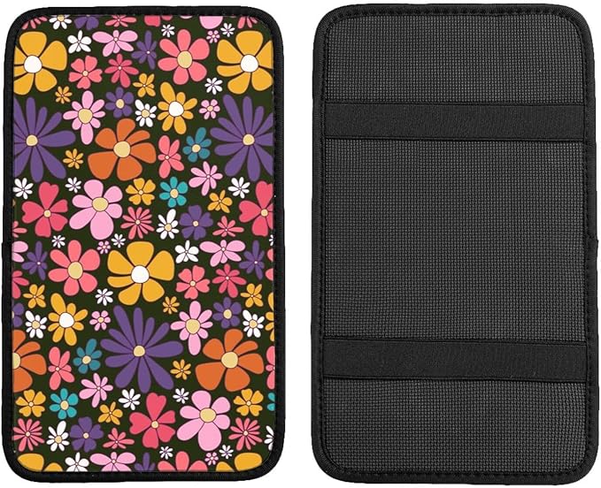 Universal Car Center Console Cushion Pad, Colorful Flowers Soft Waterproof Car Center Console Cover Auto Armrest Seat Box Cover Protector for Most Vehicle SUV Truck Car