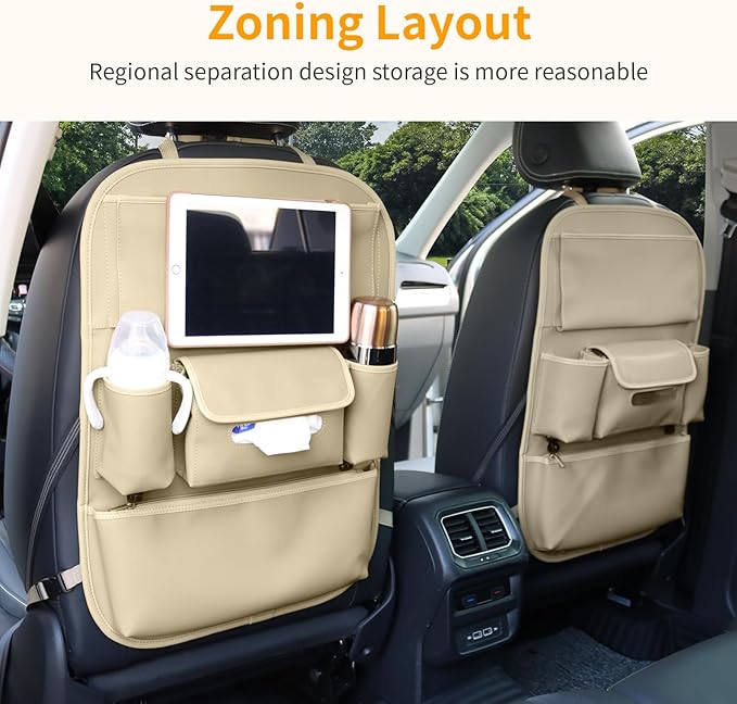 Viaviat Car Seat Organizers Waterproof Backseat Protector with Storage Pocket Large Leather Kick Mats for Kids Pets Automobile SUV Truck (Beige, Large Pocket)