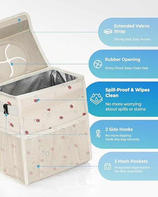 HORJONES Corduroy Car Trash Can with Lid and Mesh Pockets - Leakproof Organizer,Multipurpose Waterproof Garbage Can/Trash Bin for Car(Off-White Base with Red Strawberry Print-2 Gallons)