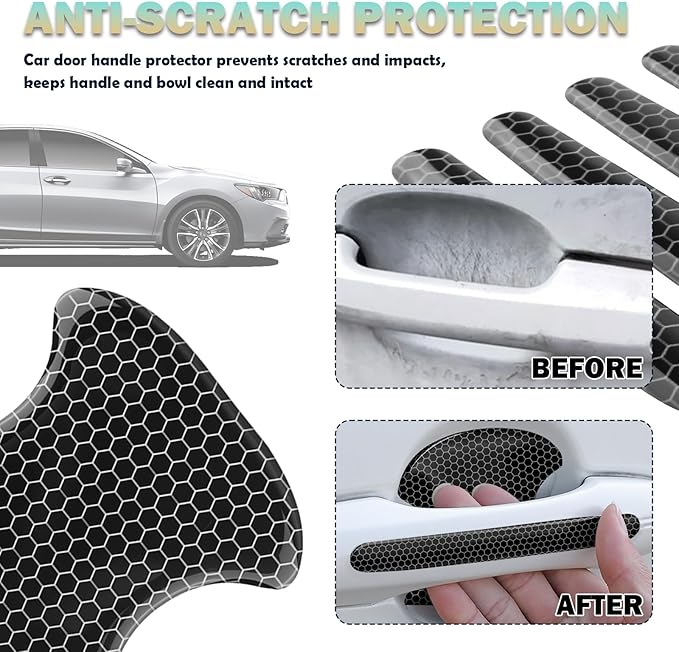8PCS Car Door Handle Protector Anti-Scratch,Reflective Car Door Handle Scratch Protector with Honeycomb Design,Self-Adhesive Cars Handles Protectors Cars Accessories Exterior