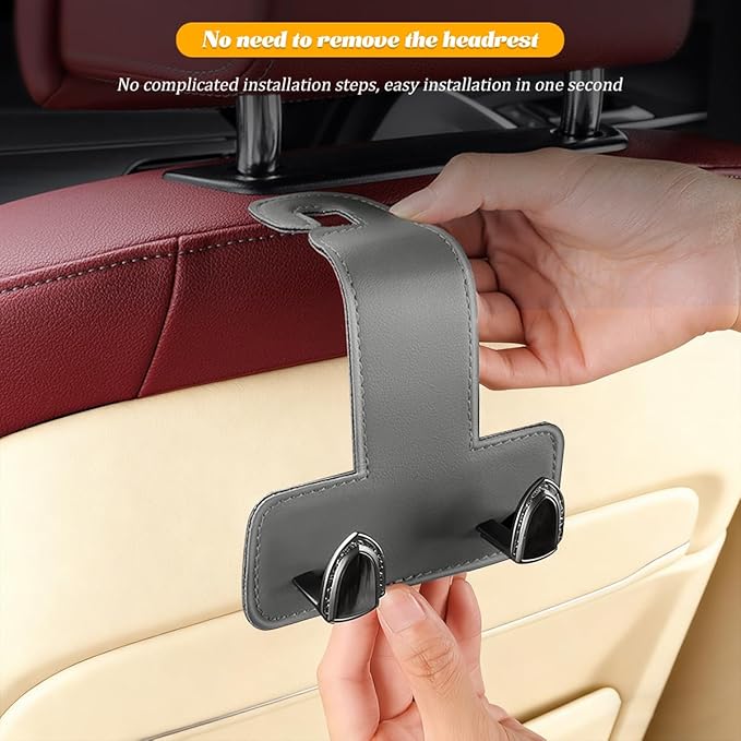 2PCS Car Headrest Hook, Dual Hook Leather Vehicle Back Seat Storage Organizer for Handbag Purse Hat, Multifunction Automotive Seat Back Hanger Holder, Universal for Most Vehicles (Dark Gray)