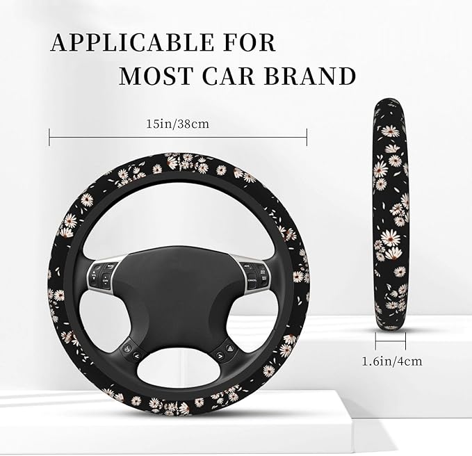 Black and White Daisies Elastic Steering Wheel Cover, Non-Slip Breathable Neoprene Steering Wheel Covers, Women Pink Car Accessories, Universal 15 Inch Fit Auto, Suvs, Truck