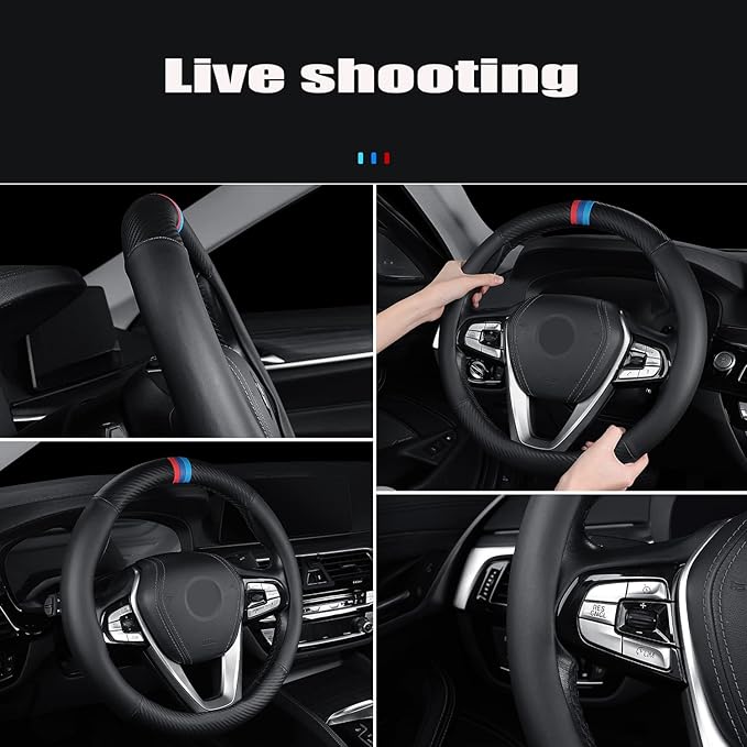 Car Carbon Fiber Steering Wheel Cover Sports Leather Non-Slip Universal 15 Inch Steering Wheel