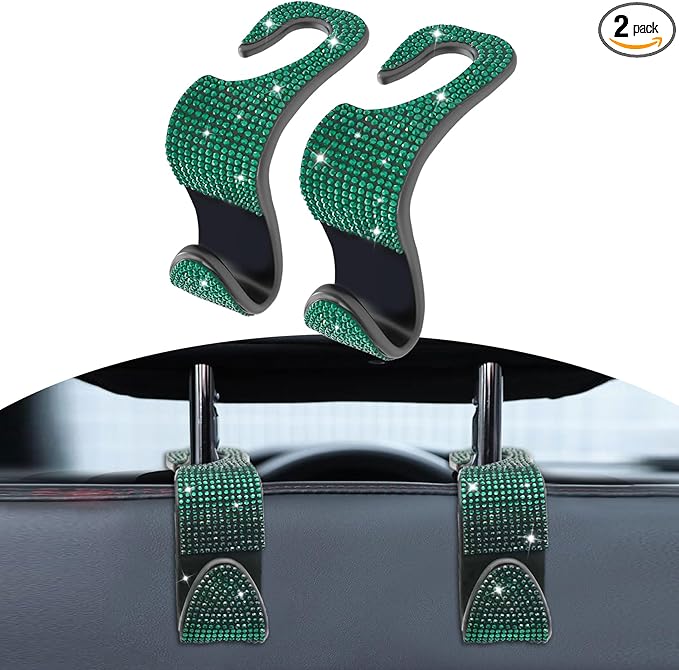 2PCS Car Seat Hooks, Purse Hook for Car, Crystal Rhinestone Vehicle Backseat Purse Holder, Auto Accessories Diamond Auto Seatback Storage Organizer Hanger for Handbag Clothes Purse (Green)