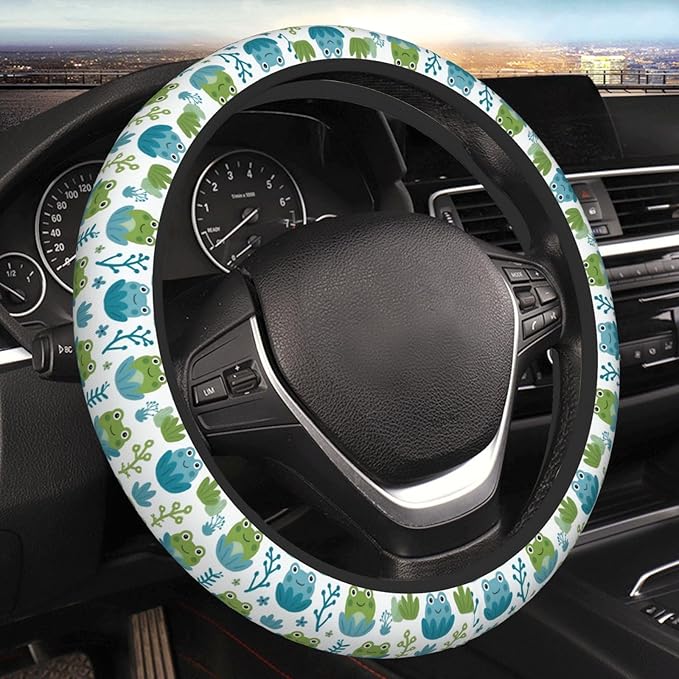 Smile Frogs Pattern Neoprene Steering Wheel Covers Women Men Car Accessories, Universal 15 Inch Fit Auto, Suvs, Truck