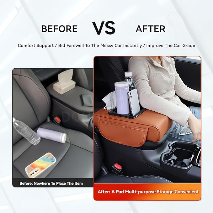 Multifunctional PU Leather Car Armrest Box Mat, 5-in-1 Multifunctional Car Armrest Cushion, Center Console Cover with 2 Cup Holder, For Storing Tissues, Phones, Wallets, Drinks, for Most Cars (Red)