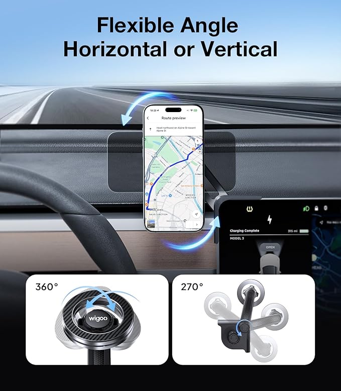 Wigoo Tesla Model Y/3 Phone Mount【Strongest Magnet, No Glue, No Blocking View】 Clamp-Style Silicone Phone Holder Holder Fit for All Phone, Tesla Model Y (Juniper) Accessories Model 3 Accessories
