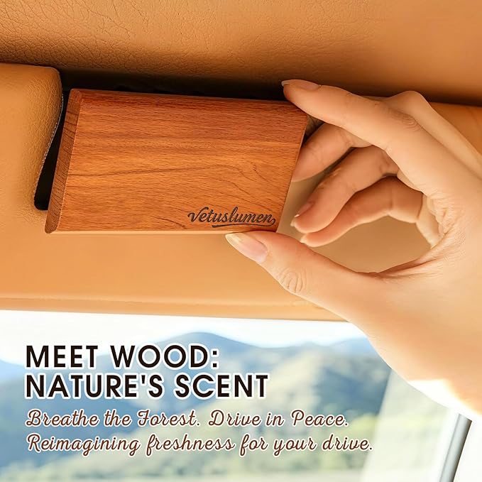 Vetuslumen Car Air Freshener - 3 Pack (Amber-Teak-Pine) Wooden Air Freshener, Natural Essential Oil Scents, Car Accessories for Women, Smell Good Premium Automotive Gift Set - Metal Clip Included
