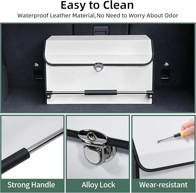 XCF Car Trunk Organizer, Leather Collapsible Trunk Organizer for suv with Lid and Push-pull Handle Car Trunk Storage Organizer for Cars, SUV, Minivan, Truck, Sedan (White)