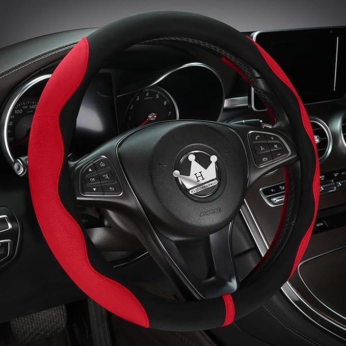 Luxury Suede Steering Wheel Cover for Cars, Soft Leather Padded Wheels Cover for Sedan, SUV, Thin Car Handle Cover, Universal Fit, Anti Slip, 14.75-15.15in, Red