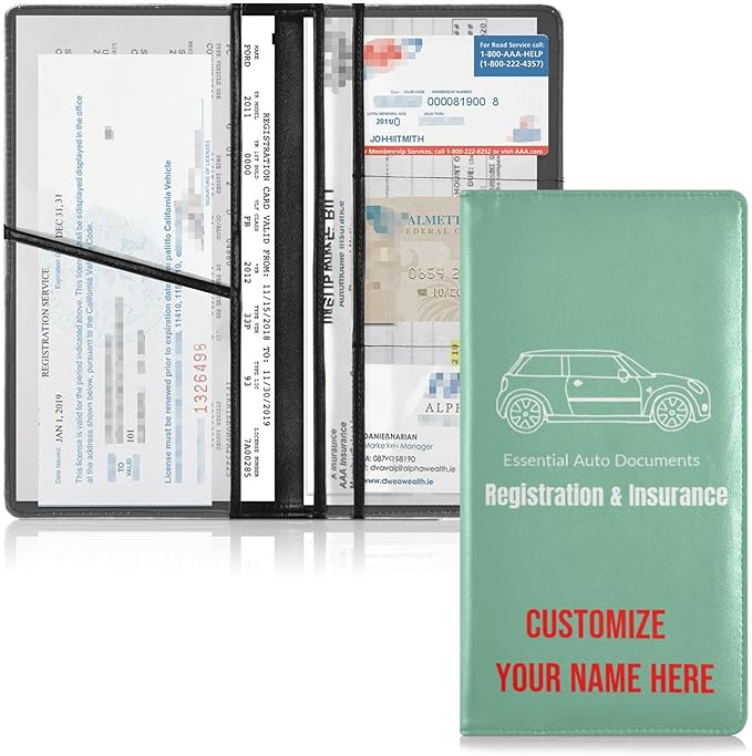 Custom Car Registration and Insurance Card Holder Personalized Leather Glove Box Organize Men Women Wallet Accessories Case for Cards, Essential Document Driver License Sage Green