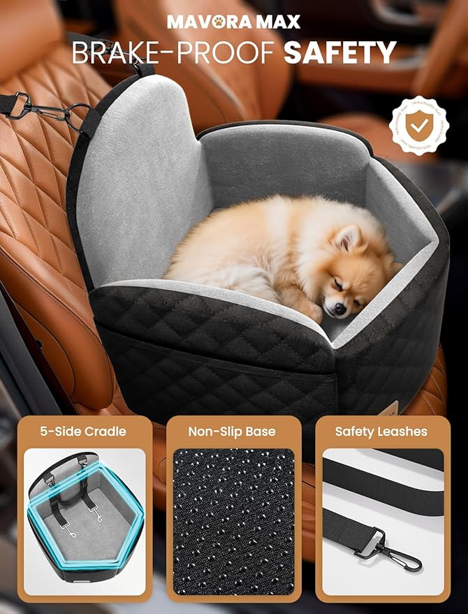 Mavora Max Dog Car Seat for Small/Medium Dogs, Elevated Dog Booster Seat Memory Foam Puppy Car Seat with Washable Cover, Travel Safety Pet Seat for Car with Storage Pockets Up to 35 lbs (Black/Grey)