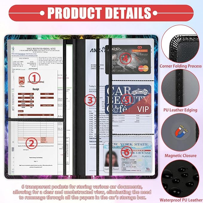 Car Registration Holder, Waterproof PU Leather Vehicle Card Document Glove Box Organizer, Women Interior Auto Accessories Case for Cards, Driver License Car Insurance Holder, Rainbow Smoke Pattern