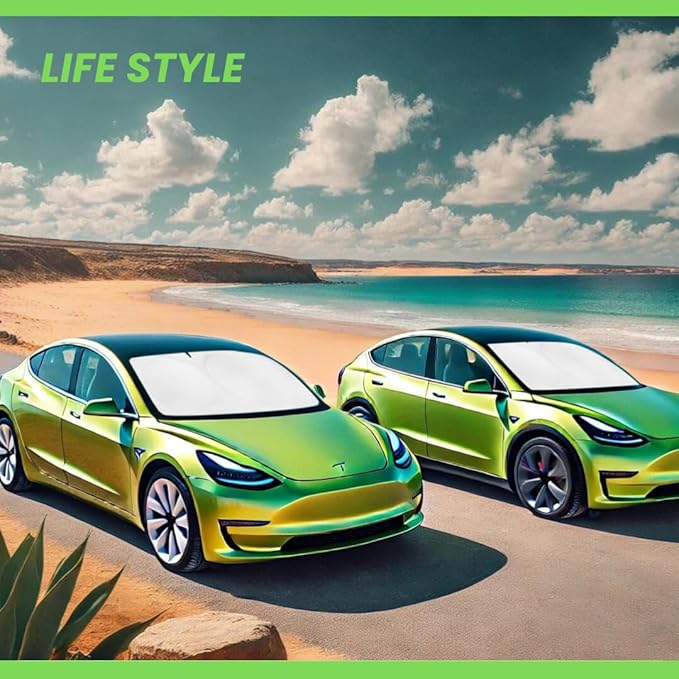 Kinder Fluff Windshield Sunshade for Tesla 3 & Y | Patented Car Sun Protection - Certified 99% UVR Block - Cool Car Interior | Foldable Sun Visor Cover | Automotive Accessories for Summer