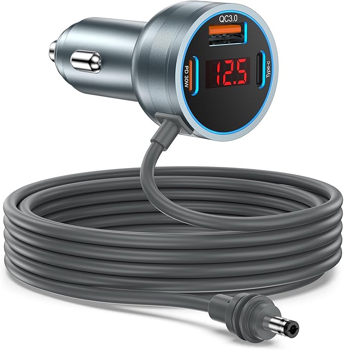 Starlink Mini Cable 10FT, OKRAY 4-in-1 Starlink Mini Car Adapter to DC Power Cable, 65W 3-Port Fast Charging USB-C PD30W+USB-A QC3.0 Car Charger 12V-24V Cigarette Lighter Adapter with Digital Display