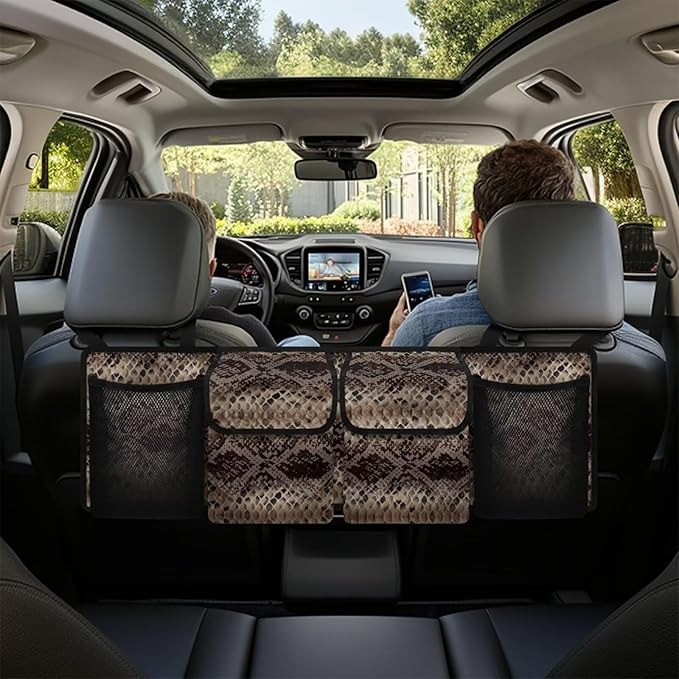 SEANATIVE Brown Snake Skin Back Seat Trunk Organizer Hanging Car Organizer Trunk Foldable Cargo Storage with 4 Large Pockets 3 Adjustable Straps Car Interior Accessories 37.01x11.81inch