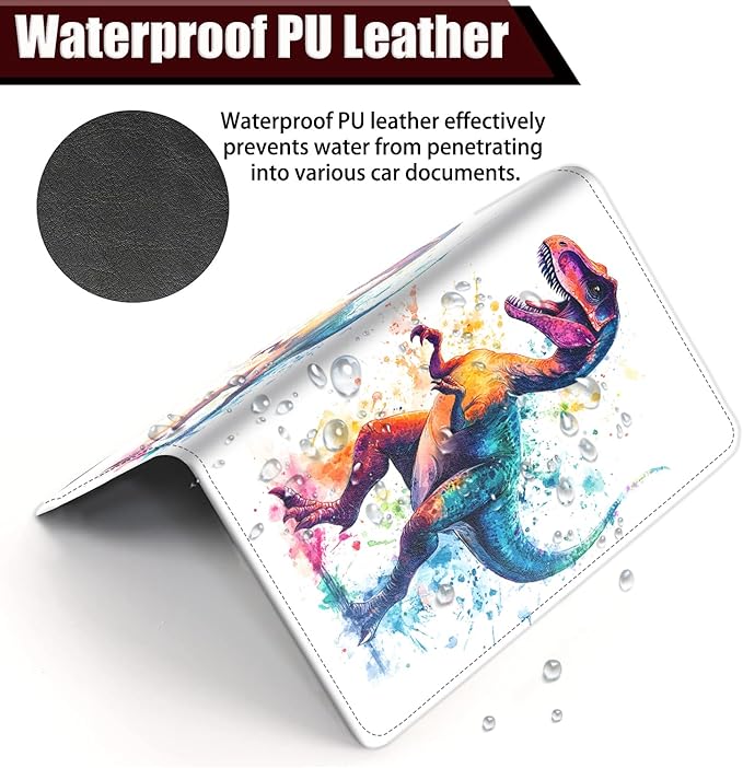 Car Document Holder with Magnetic Shut, Car Registration and Insurance Card Holder, Vehicle Glove Box Organizer Documents, Driver License, Auto Paperwork Organizer Wallet, Colorful Watercolor Dinosaur