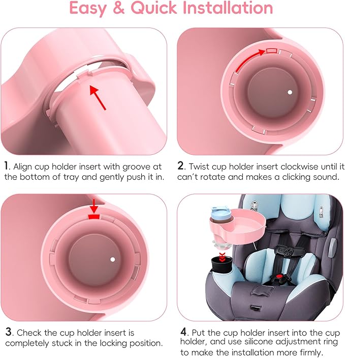 2PCS Resptasski Car Seat Cup Holder Snack Tray for Kids – Travel Tray for Car, Booster, Stroller, Outdoor Essentials Kit. Universal Adjustable Tray with Detachable Base for Snacks, Toys, Food (Pink)