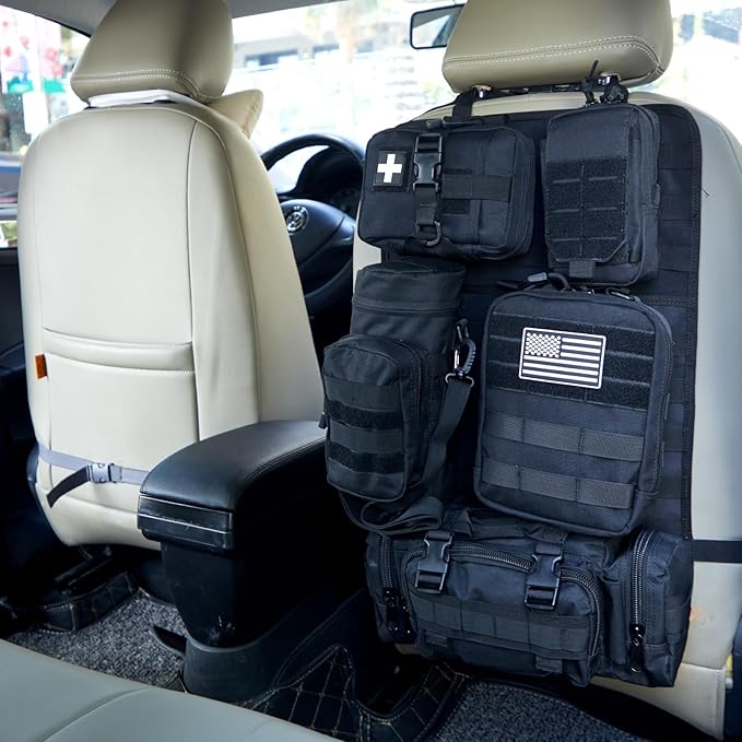 Universal Tactical Car Seat Back Organizer Bag Tactical Molle Vehicle Organizers Panel Gear Accessories with 5 Different Size Molle Pouches for Car Truck Ford Jeep Vehicle (C style-Black)