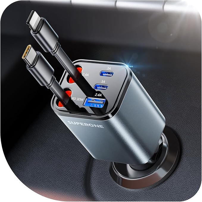 2025 Ultra-Compact SUPERONE Retractable Car Charger, 5 in 1 Car Phone Charger with Dual Cables, 84W Fast Charging USB C Car Accessories Adapter for iPhone 17/16/15/14/13/12/11, Galaxy, Pixel