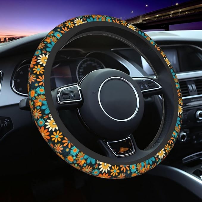 Artistic Floral Pattern Steering Wheel Cover for Women Breathable Anti Slip Stretch Cute Steering Wheel Covers Car Protector Accessories Universal 15 Inch