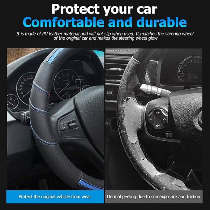 Car Steering Wheel Cover, Genuine Leather Non Slip Vehicle Steering Wheel Protector, Breathable & Soft Auto Interior Protection Accessories, Universal for SUV Sedan Truck (Black/Blue)