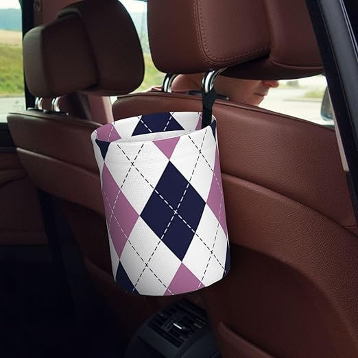Purple White Argyle Car Trash Can Garbage Cans Foldable,Cute Hanging Car Organizer and Storage Bag Leak Proof, Auto Back Seat Trash Bin Universal for Truck, SUV, Outdoor Travel
