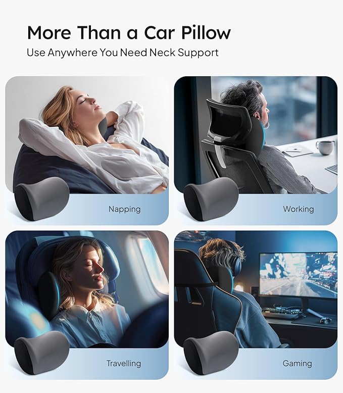 Wigoo 2026 Upgrade Car Neck Pillow [No More Pressure, Odorless] Soft Car Headrest Pillow with Adjustable Strap Removable Cover 100% Memory Foam, Fits All Vehicles (Gray 2-Pack)