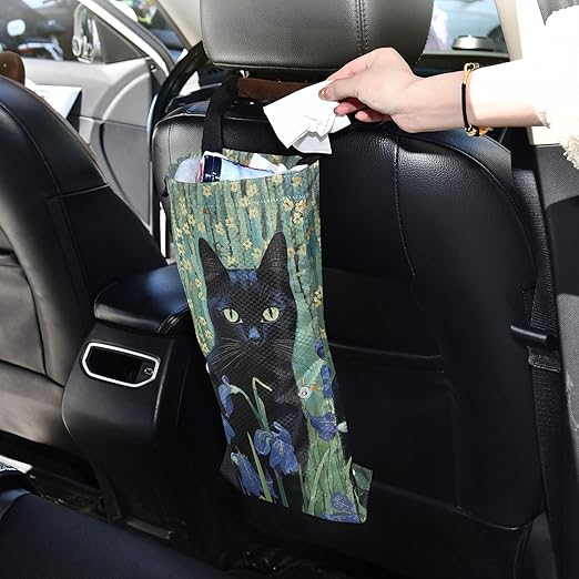 ALAZA Hanging Car Trash Bags Garbage Bag Trash Can for Back Seat Small Black Cat Iris Washable Storage Bag Retractable 2 Pack