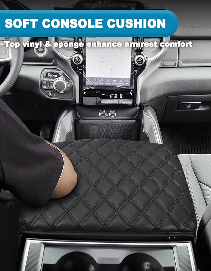 Center Console Cover for Dodge Ram 1500 2019-2026, Bucket Seat, Vinyl Leather Interior Accessories, Car Armrest Cushion Pad, Anti-Scratch, Black