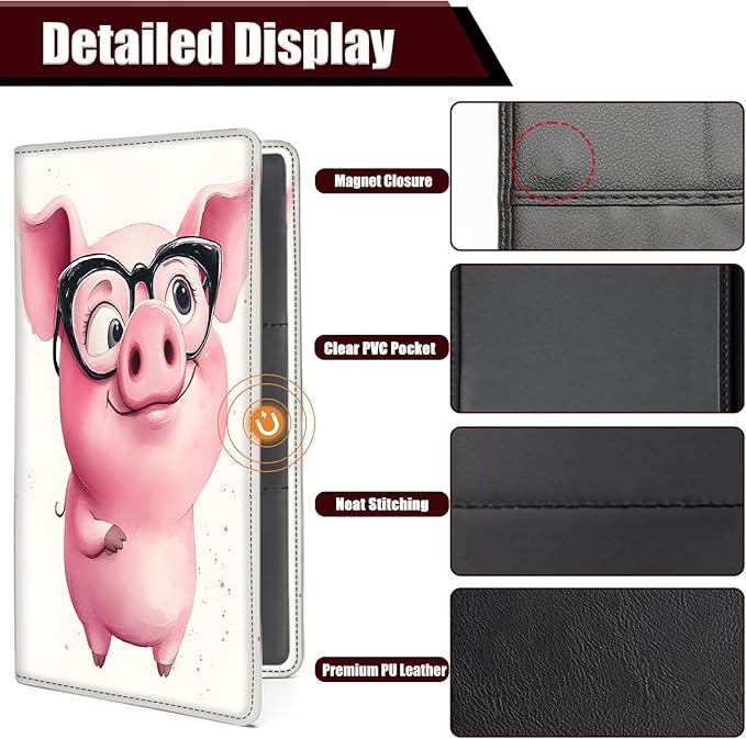 Car Document Holder with Magnetic Shut, Car Registration and Insurance Card Holder, Vehicle Glove Box Organizer Documents, Driver License, Auto Paperwork Organizer Wallet, Pink Cute Pig Pattern