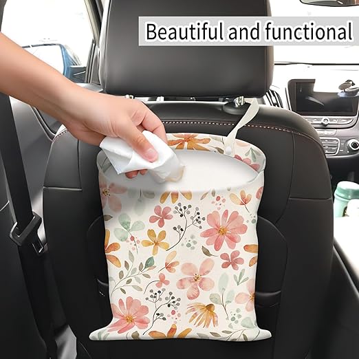 Car Trash Can, Hanging Garbage Bin for Men and Women, Cute Car Organizer and Storage Bag, Canvas Vehicle Trash Can Bag Easy-to-Install Cute Boho Pink Floral