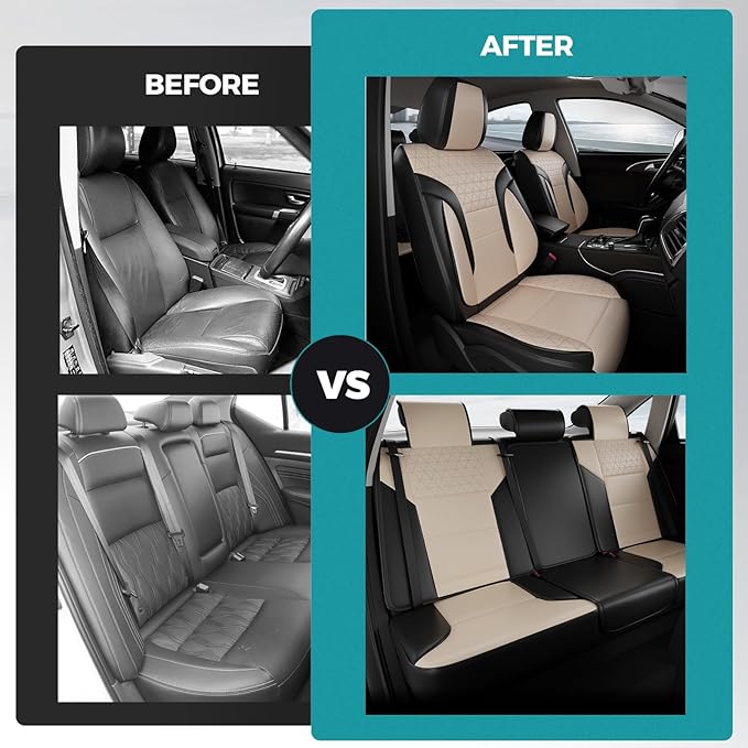 FEINEPRO Black and Beige Car Seat Covers Only Front 2pc - Breathable Faux Leather Universal Seat Covers for Cars, Automotive Protector Fit for Most Sedan SUV Pick-up Truck