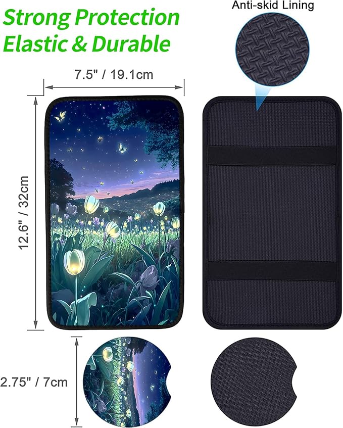 JANENFNA Car Armrest Cover Pads Universal Fashion Cute Auto Center Console Armrest Cover Pad with 2PCS Car Coasters Soft Waterproof Car Armrest Seat Protector for Women,Beautiful Flower Sea