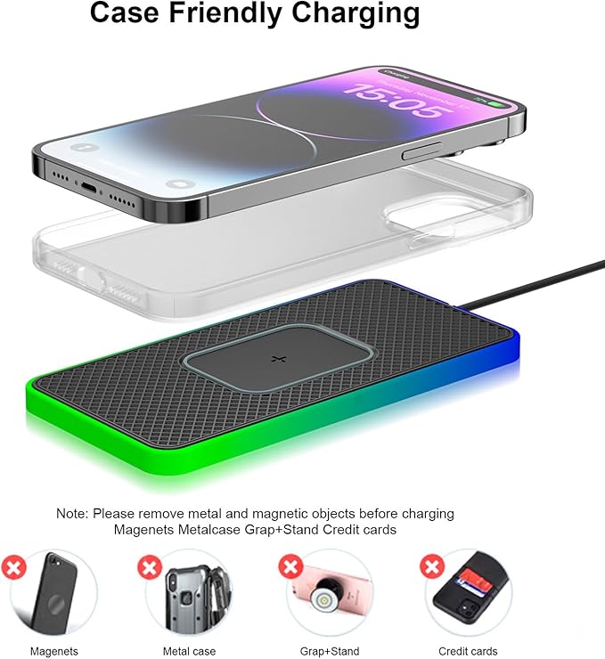 RGB Wireless Car Charging Pad, 20W Non Slip Magnetic Fast Charger for Car with Auto Match Function, for iOS 11/12/14/15/16/17