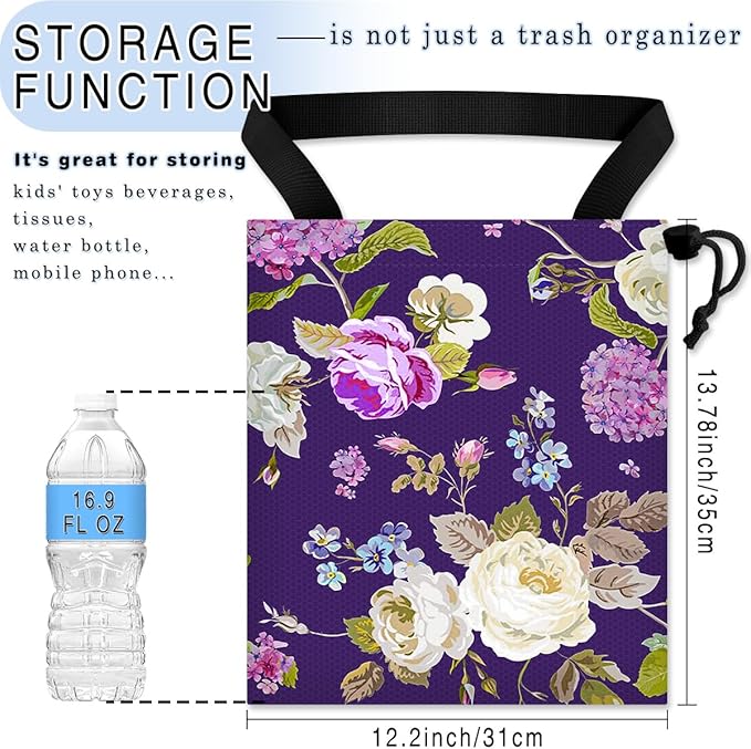 GEGEPINK Car Trash Bag Hanging Back of Seat Waterproof Small Cute Printed One-Handed Strap Drawstring Garbage Bags for Car-Purple Floral
