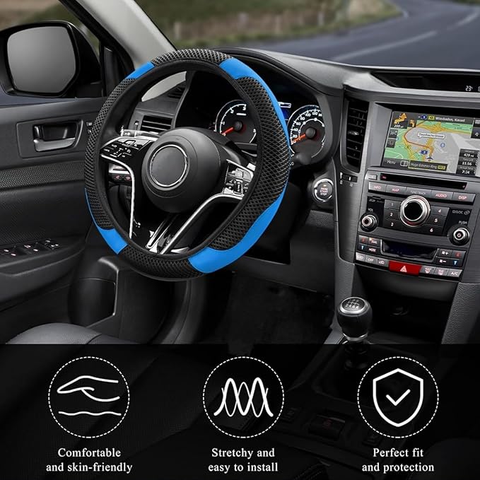 Elastic Stretch Steering Wheel Cover, Warm in Winter and Cool in Summer, Universal 15 inch Microfiber Breathable Ice Silk Anti Slip Car Interior Accessories, Odorless, (Black Blue)